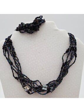 Iridescent Black Multistrand Seed Bead Necklace & Bracelet Set With Shell Accent